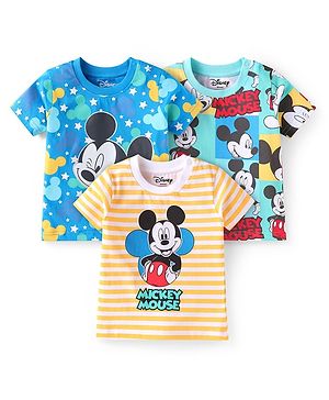 Babyhug Disney Single Jersey Knit Half Sleeves T-Shirts with Mickey & Friends Graphics Pack of 3 - Blue & Yellow