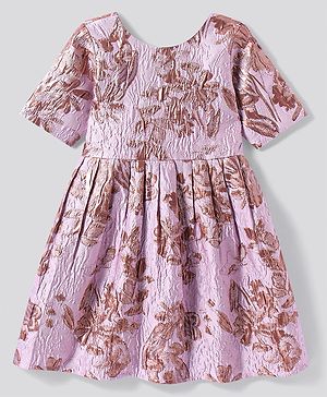 Primo Gino Woven Half Sleeves Textured Party Dress With Bow Applique - Pink