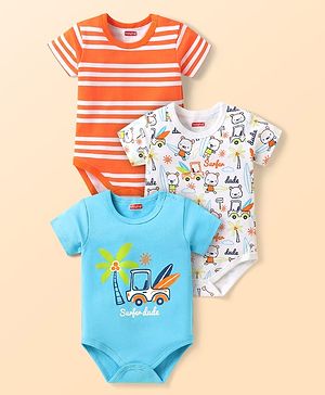 Babyhug 100% Cotton Knit Half Sleeves Striped & Beach Theme Printed Onesies Pack of 3 - Light Blue White & Orange