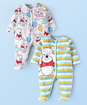 Babyhug Disney Interlock Knit Full Sleeves Footed Sleep Suits With Winnie The Pooh Graphic Pack Of 2 - White & Green