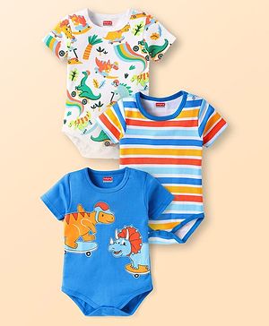 Babyhug Disney Interlock Knit Half Sleeves Onesies With  Stripes Dino Graphics Pack Of 3 - Blue & White