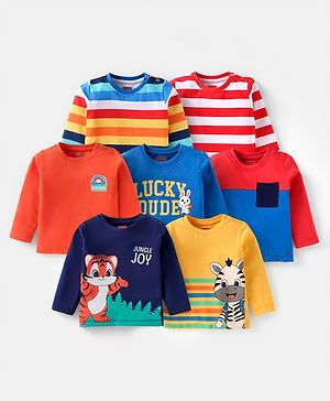 Babyhug Cotton Knit Full Sleeves T-Shirts With Stripes Text & Animal Print Pack Of 7 - Blue Yellow Orange