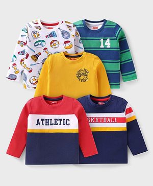 Babyhug Cotton Knit Full Sleeves T-Shirt with Stripes & Sport Graphics Pack of 5 - Navy Blue White Yellow