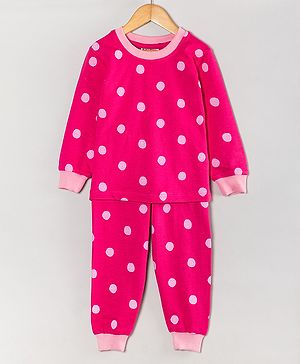 Hugsntugs Cotton Full Sleeves Dots Printed Coordinating Winter Track Suit Set - Pink