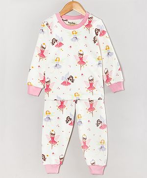 Hugsntugs Cotton Full Sleeves Fairies Printed Coordinating Winter Track Suit Set - White