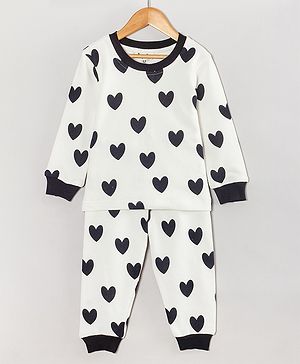 Hugsntugs Cotton Full Sleeves Hearts Printed Coordinating Sweatshirt & Joggers Set - White