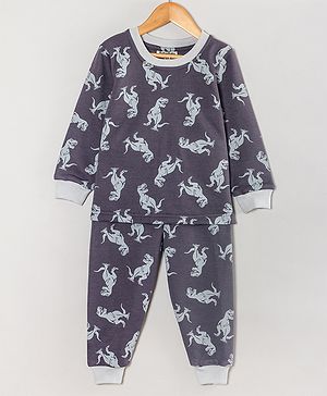 Hugsntugs Cotton Full Sleeves Dinosaurs Printed Coordinating Sweatshirt & Joggers Set - Grey