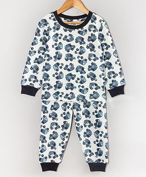 Hugsntugs Cotton Full Sleeves Cars Printed Coordinating Sweatshirt & Joggers Set - White