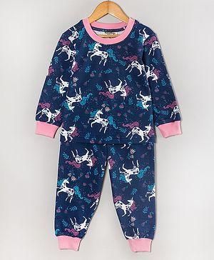 Hugsntugs Cotton Full Sleeves Unicorns Printed Coordinating Sweatshirt & Joggers Set - Navy Blue