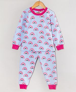 Hugsntugs Cotton Full Sleeves Rainbows Printed Coordinating Sweatshirt & Joggers Set - Blue