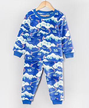 Hugsntugs Cotton Full Sleeves Snow Theme Printed Coordinating Sweatshirt & Joggers Set - Blue