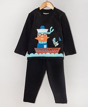 Hugsntugs Fleece Full Sleeves Sailor Embroidered Sweatshirt With Joggers Set - Black