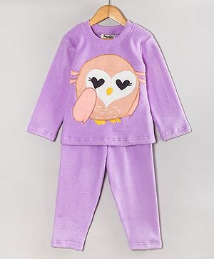 Hugsntugs Fleece Full Sleeves Owl Embroidered Sweatshirt With Joggers Set - Purple