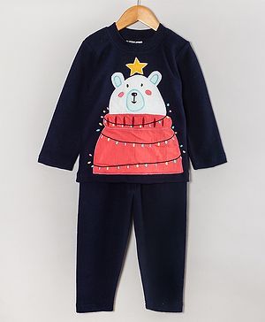 Hugsntugs Fleece Full Sleeves Polar Bear Embroidered Sweatshirt With Joggers Set - Navy Blue