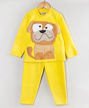 Hugsntugs Fleece Full Sleeves Dog Embroidered Sweatshirt With Joggers Set - Yellow