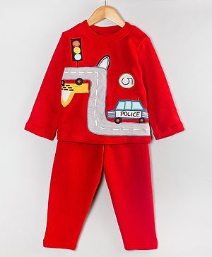 Hugsntugs Fleece Full Sleeves Cars  Embroidered Sweatshirt With Joggers Set - Red