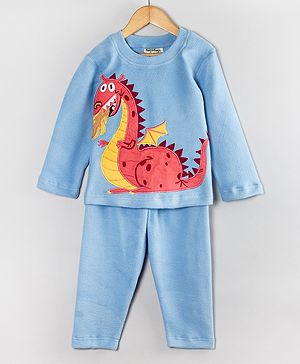 Hugsntugs Fleece Full Sleeves Dragon Embroidered Sweatshirt With Joggers Set - Blue