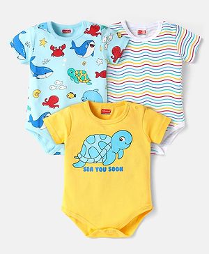 Babyhug 100% Cotton Knit Half Sleeves Striped & Sea Animals Printed Onesies Pack of 3 - Yellow Light Blue & White