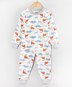 Hugsntugs Cotton Full Sleeves Dinosaurs Printed Coordinating Sweatshirt & Joggers Set - White