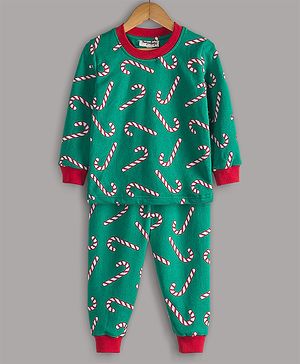 Hugsntugs Cotton Full Sleeves Candy Canes Printed Coordinating Sweatshirt & Joggers Set - Green