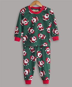 Hugsntugs Christmas Theme Cotton Full Sleeves Santa Claus Printed Coordinating Sweatshirt & Joggers Set - Green