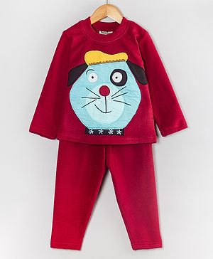 Hugsntugs Fleece Full Sleeves Cat Embroidered Sweatshirt With Joggers Set - Maroon