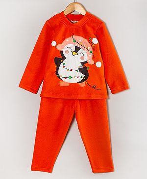 Hugsntugs Fleece Full Sleeves Penguin Embroidered Sweatshirt With Joggers Set - Orange