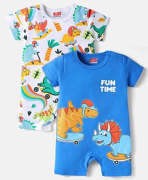 Babyhug 100% Cotton Knit Half Sleeves Dino Printed Rompers Pack of 2 - Blue & White