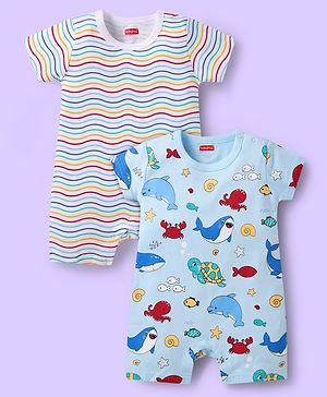 Babyhug 100% Cotton Knit Half Sleeves Rompers with Sea Life Print & Stripes Pack of 2 - White & Light Blue