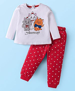 Babyhug Disney Single Jersey Knit Full Sleeves Night Suit With Marie & Friends Graphic - Red & White
