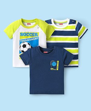 Babyhug Cotton Knit Half Raglan Sleeves T-Shirts with Stripes & Sport Theme Print Pack of 3 - Navy Blue & Neon Green