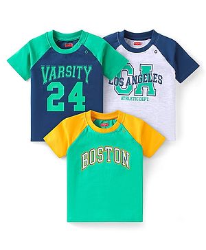 Babyhug Cotton Knit Half Raglan Sleeves T-Shirt with Text Print Pack 3 - Navy Blue & Light Green