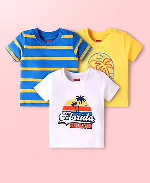 Babyhug Cotton Knit Half Sleeves T-Shirts with Beach Theme Print & Stripes Pack of 3 - Yellow White & Blue