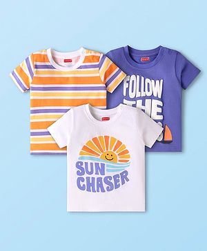 Babyhug Cotton Knit Half Sleeves T-Shirt with Text Print & Stripes Pack of 3 - White & Blue