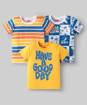 Babyhug Cotton Knit Half Sleeves T-Shirts with Beach Theme Print & Stripes Pack of 3 - Yellow Blue & White