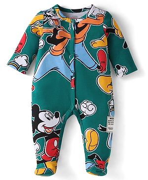 Babyhug Disney  Interlock Knit Full Sleeves Footed Sleepsuit With Mickey & Friends Print - Dark Green