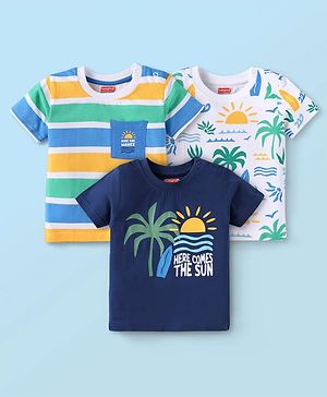 Babyhug Cotton Knit Half Sleeves T-Shirts with Beach Theme Print & Stripes Pack of 3 - Navy Blue & White