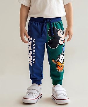 Babyhug Disney Terry Knit Ankle Length Track Pant with Mickey Mouse & Friends Graphics - Blue & Green