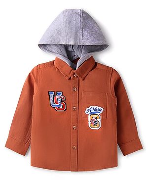 Babyhug Cotton Woven Full Sleeves Text Printed Shirt with Detachable Hood - Rust Orange