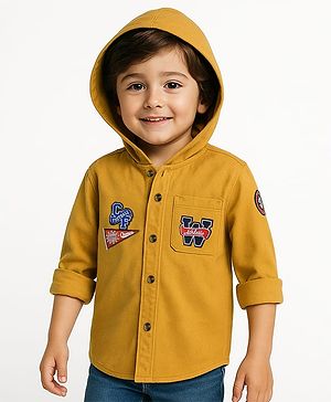 Babyhug Cotton Woven Full Sleeves Hooded Shirt with Text Patch - Yellow