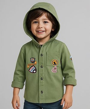 Babyhug Cotton Woven Full Sleeves Hooded Shirt with Text Patch - Olive Green