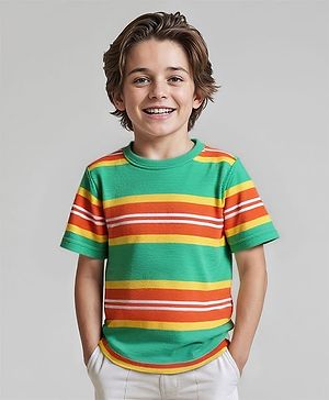 Pine Kids Cotton Knit Half Sleeves T-Shirt with Stripes -  Green & Yellow
