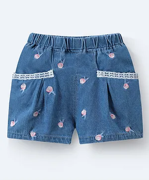 Mark & Mia Denim Washed Shorts
                              with Floral Embroidery - Blue