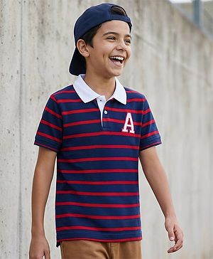 Pine Kids Cotton Knit Half Sleeves Polo T-Shirt with Stripes -  Navy Blue & Red