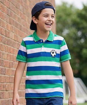Pine Kids Cotton Knit Half Sleeves Polo T-Shirt with Stripes - Blue White & Light Green