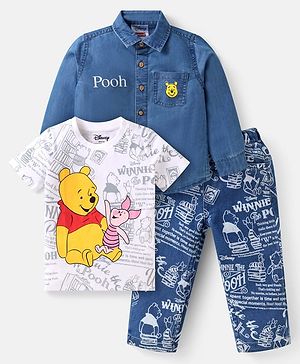 Babyhug Disney Single Jersey Knit Full Sleeves Shirt & Jeans Set With T-Shirt & Winnie The Pooh Graphics - Blue