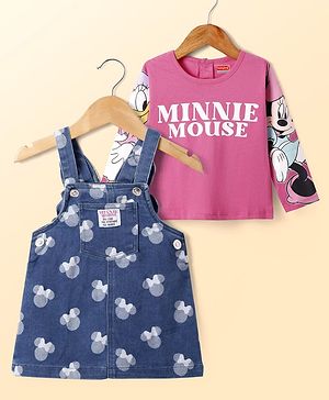 Babyhug Disney Denim Knit Dress With Full Sleeves Inner T-Shirt Minnie & Friends Graphic With Badge Detailing - Navy Blue