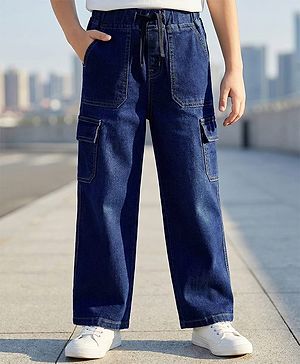 Pine Kids Denim Woven Full Length Washed Jeans with Cargo Pockets -Navy Blue