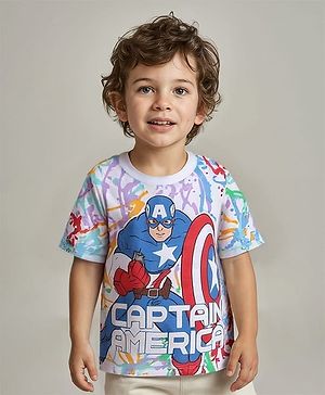 Babyhug Marvel Single Jersey Knit Half Sleeves T-Shirt with Captain America Graphic & HD Detailing - White