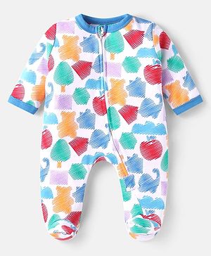 Babyhug Cotton Knit Full Sleeves Footed Sleep Suit With Jungle Theme Print - White